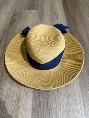 Toucan Wide Brim Straw Sun Hat with Navy Ribbon